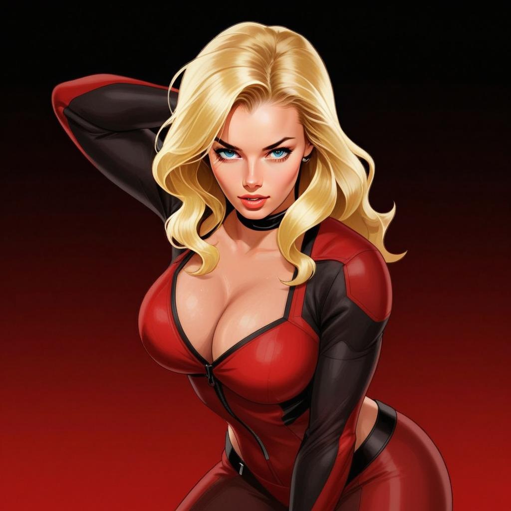 Blonde Woman in Red and Black Leather Suit Digital Artwork