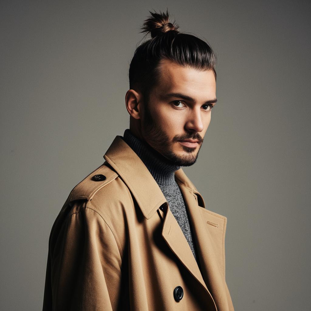 Stylish man in trench coat with top knot