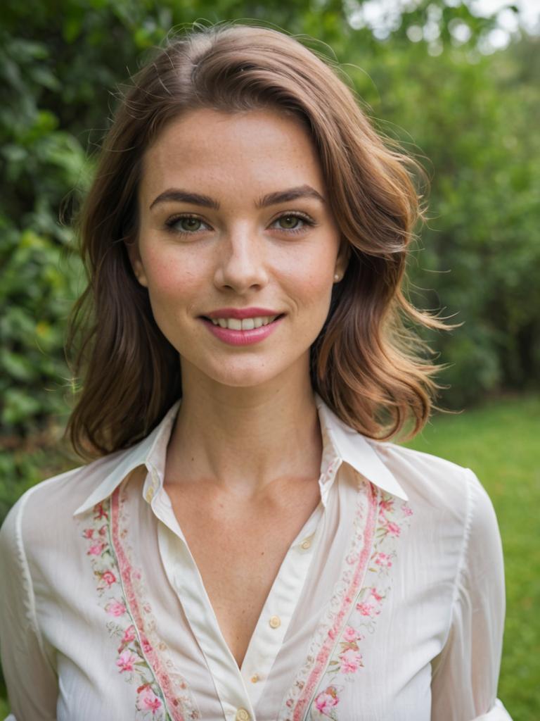 Smiling Woman in Floral Blouse in Garden