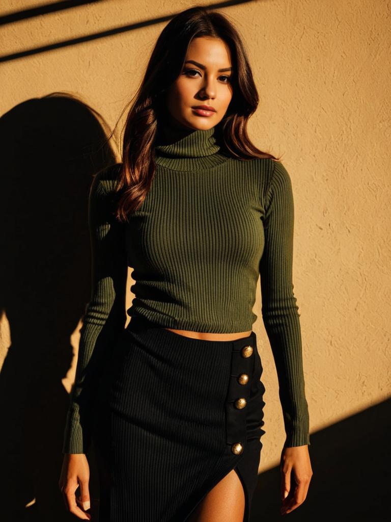 Stylish Woman Wearing Olive Green Turtleneck and Black Skirt in Warm Sunlight