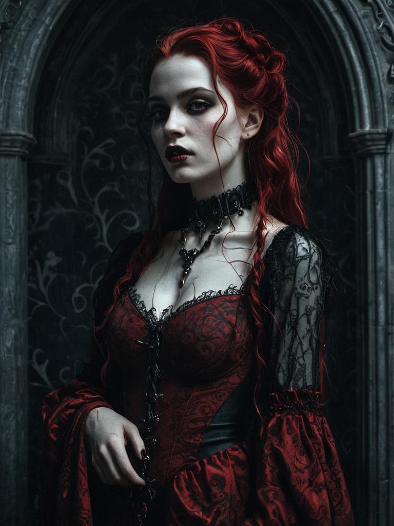Gothic Woman in Victorian-Inspired Red and Black Dress with Red Hair