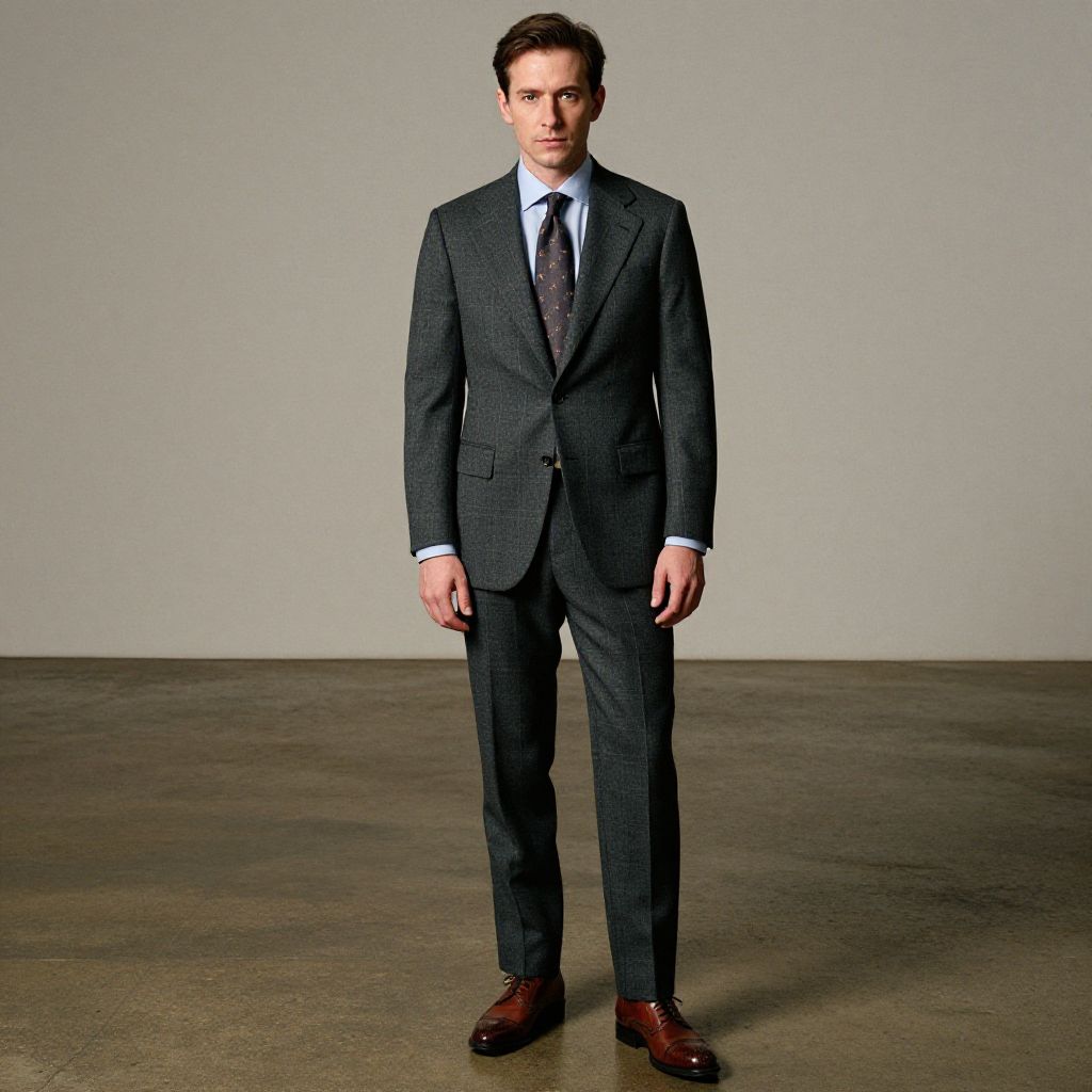 Man in Tailored Dark Gray Business Suit with Brown Dress Shoes