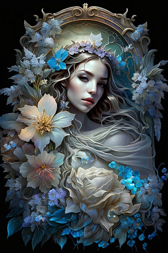 Serene Woman with Blue and White Flowers