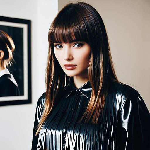 Portrait of Woman in Glossy Black Leather Fringe Shirt with Straight Hair