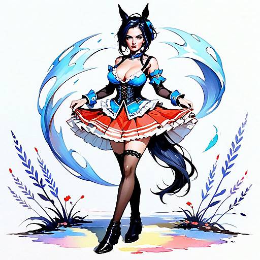 Fantasy Anime Woman in Red and Blue Costume with Cat Ears and Water Elements