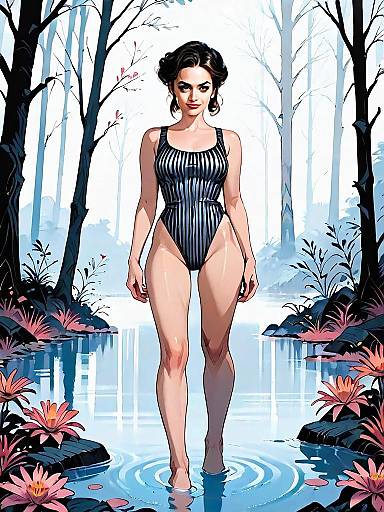 Dark Fantasy Digital Painting of Woman in Striped Swimsuit in Foggy Forest
