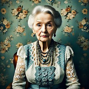 Elderly Woman in Vintage Lace Dress Against Floral Wallpaper