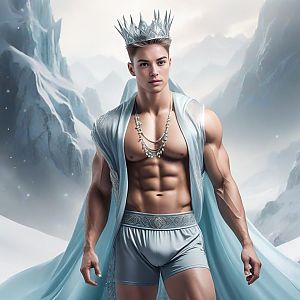 Muscular Man in Silver Crown and Cape in Snowy Mountains