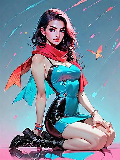 Realistic Anime Style Woman in Bold Satin Bodycon Mini Dress with Red Scarf