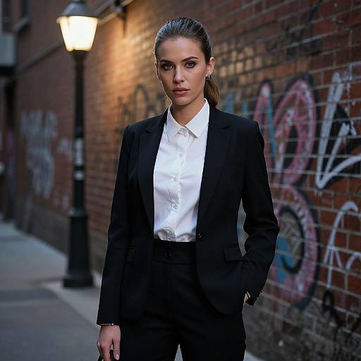 Professional Woman in Black Suit Against Urban Graffiti Wall