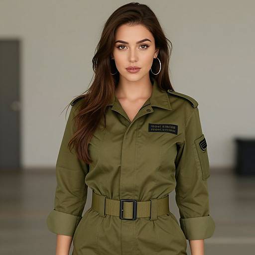 Woman Wearing Olive Green Military Style Jumpsuit with Hoop Earrings