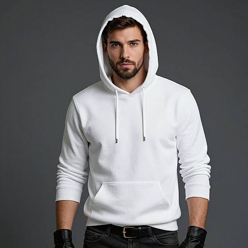 Young Man in White Hoodie and Black Gloves Casual Fashion Portrait