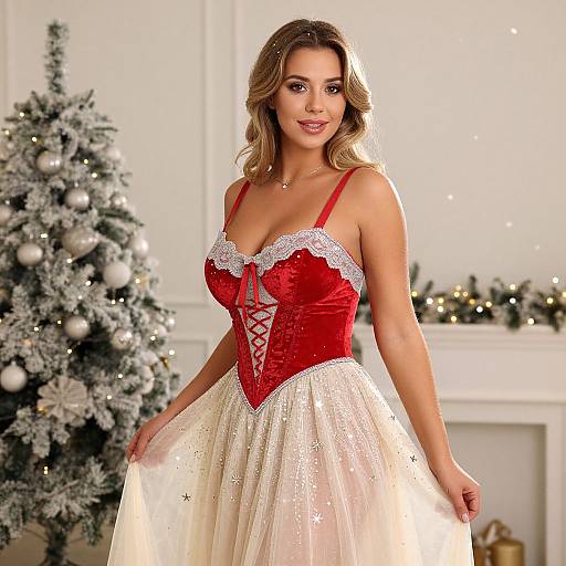Woman in Festive Red Velvet Corset Dress with Christmas Tree Background