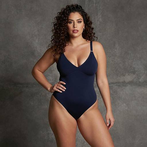 Confident Woman in Navy Blue One-Piece Swimsuit Studio Portrait