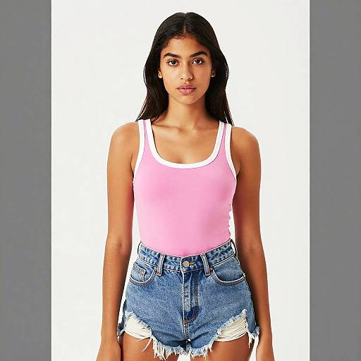 Young Woman in Pink Tank Top and Distressed Denim Shorts Casual Fashion