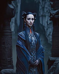Elegant Woman in Dark Fantasy Costume Against Mystical Rocks
