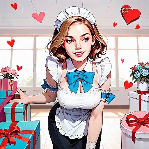 Cheerful Maid Girl Digital Illustration with Gifts and Hearts