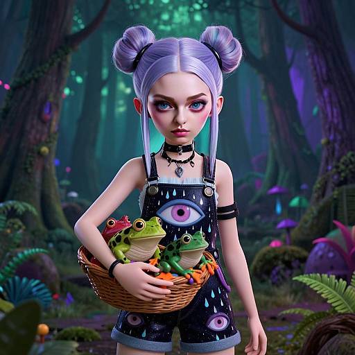 Fantasy Digital Art of Young Woman with Frogs in Enchanted Forest