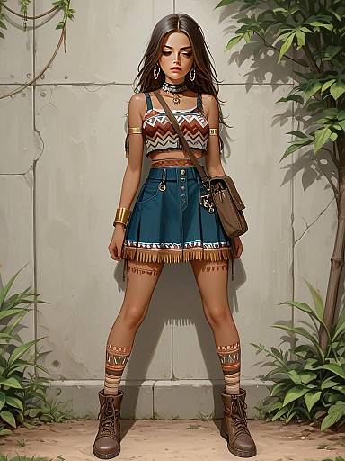 Bohemian Style Woman in Patterned Tank Top and Fringe Skirt Full Body Shot