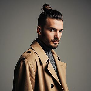 Stylish man in trench coat with top knot