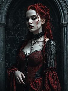 Gothic Woman in Victorian-Inspired Red and Black Dress with Red Hair