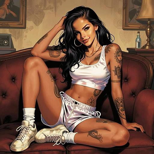 Stylized Digital Art of Tattooed Woman in White Satin Outfit on Vintage Sofa