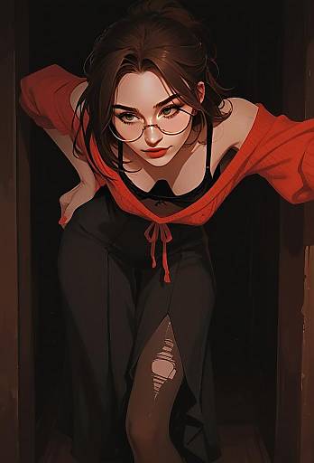Stylized Digital Illustration of Woman in Red Off-Shoulder Top and Ripped Stockings