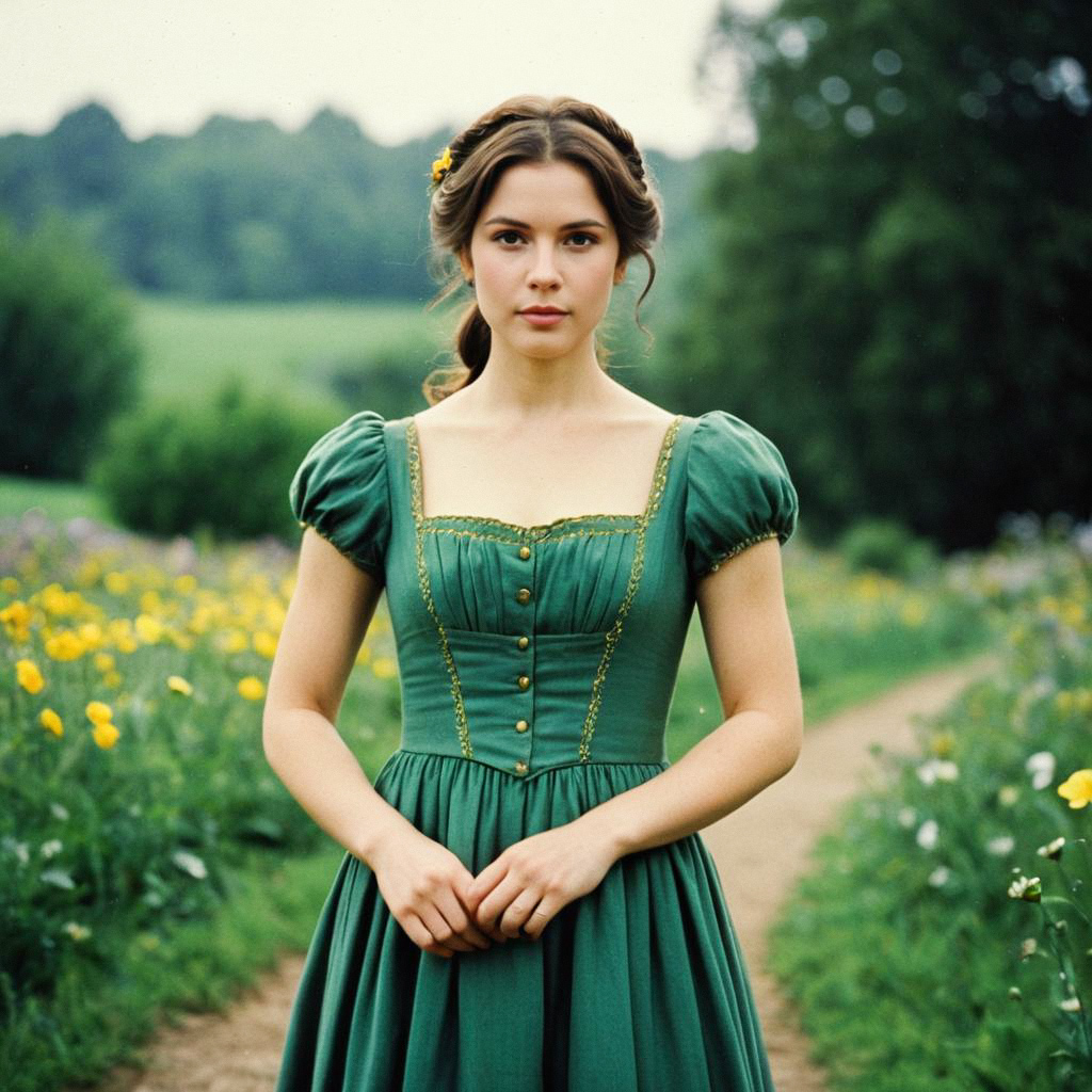 Young Woman in Vintage Green Dress Surrounded by Flowers Young Woman in Vintage Green Dress Surrounded by Flowers