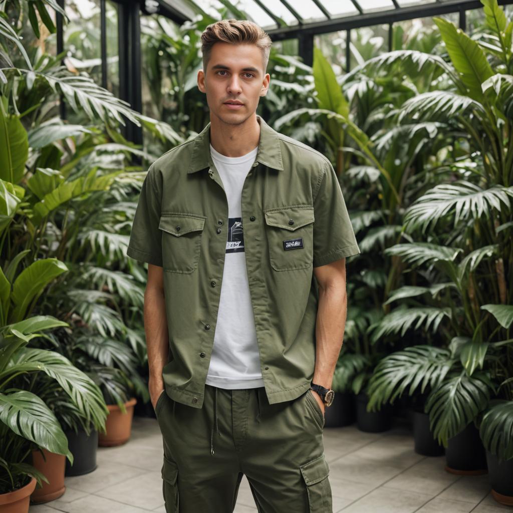 Stylish Man in Olive Green Attire in Greenhouse