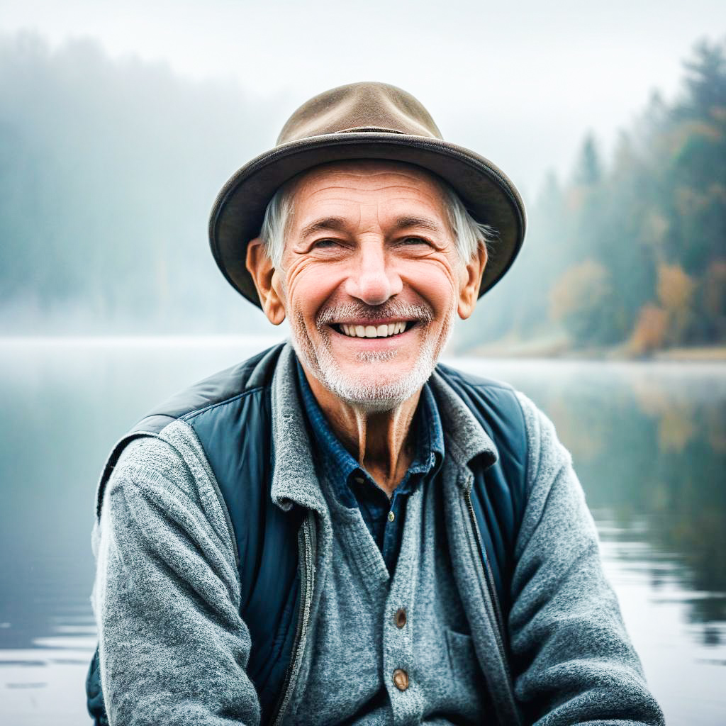 Cheerful Elderly Man by Misty Lake
