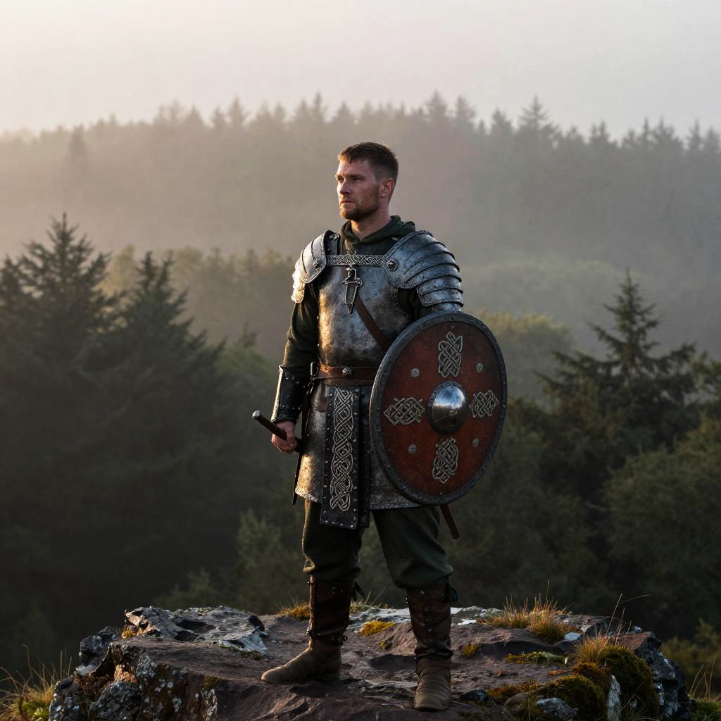 Medieval Warrior Man in Armor with Celtic Shield on Rocky Forest Overlook