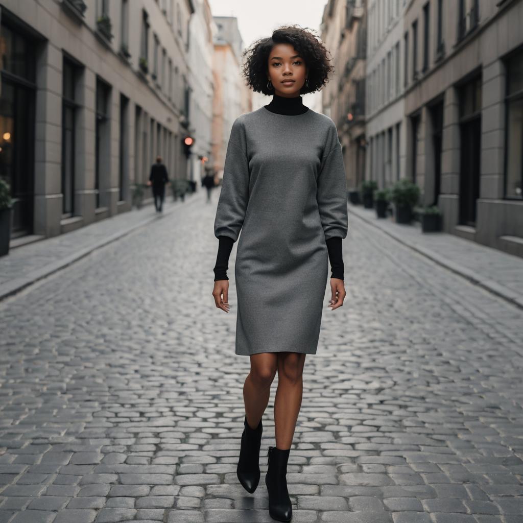 Young Woman Walking in Urban Street Wearing Gray Dress and Black Boots