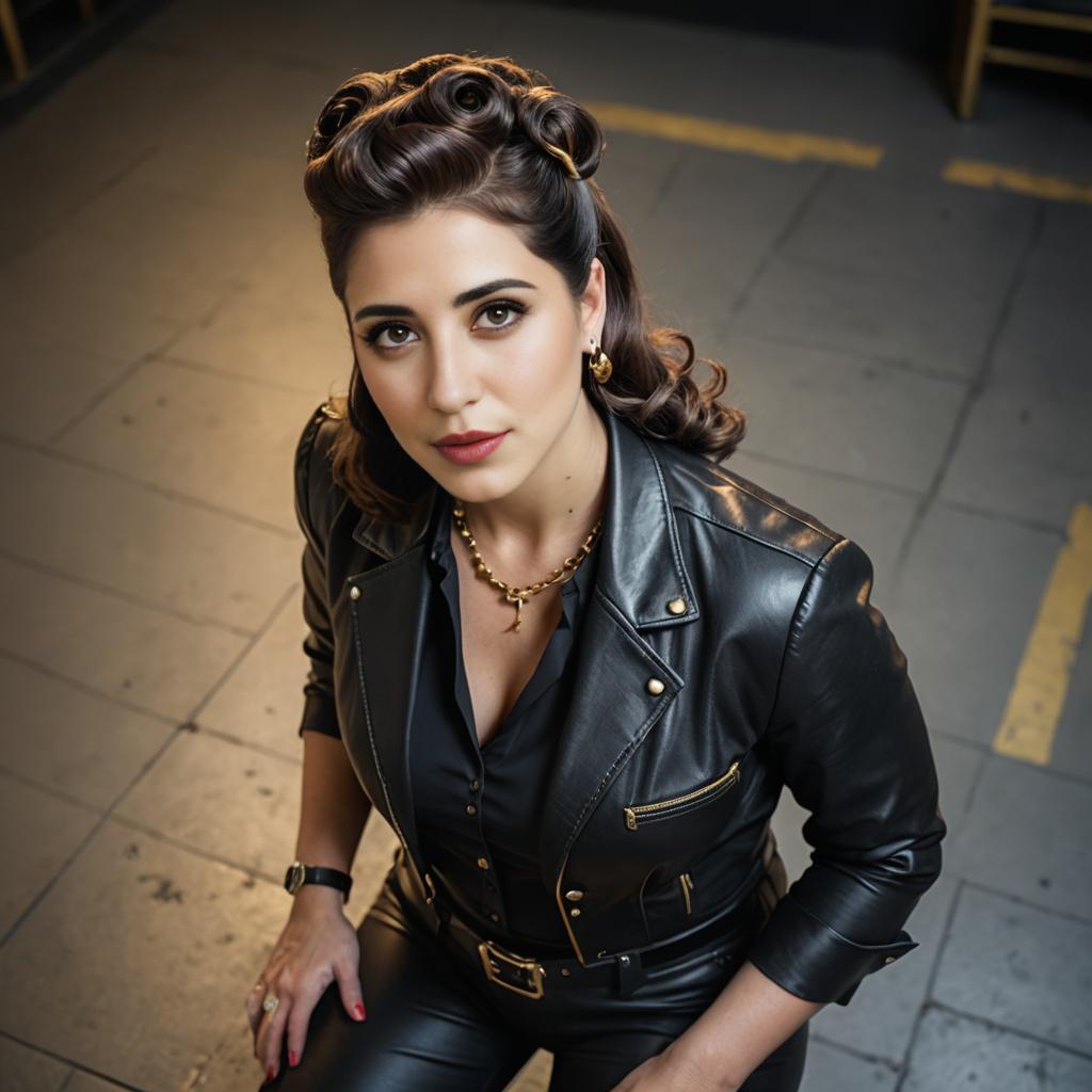 Confident Woman in Black Leather Jacket