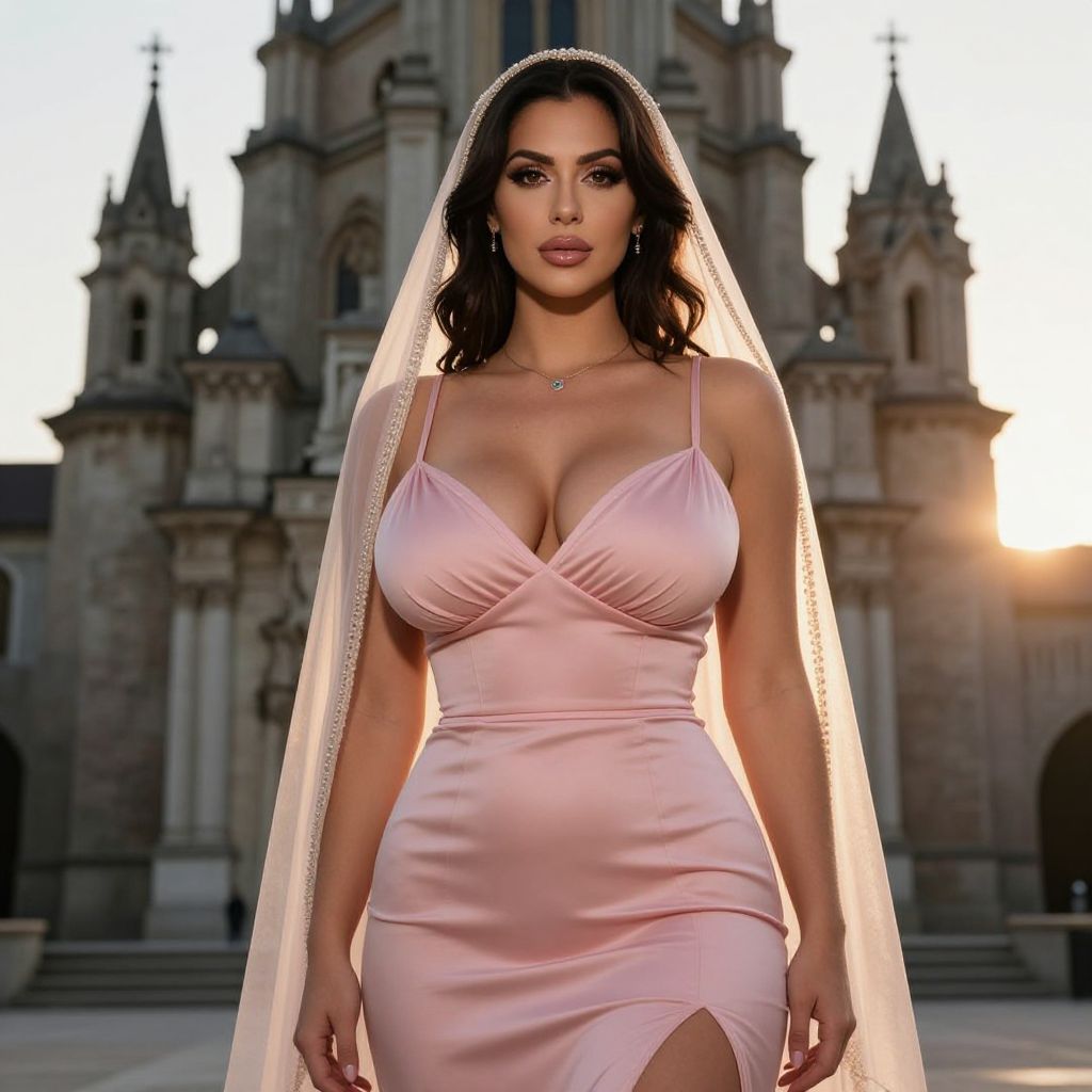 Elegant Woman in Blush Pink Dress with Sheer Veil by Cathedral