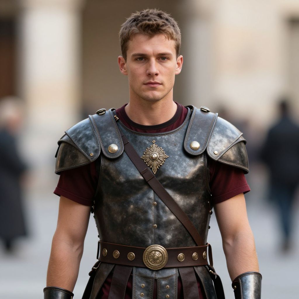 Young Man in Roman-Style Armor Costume Portrait