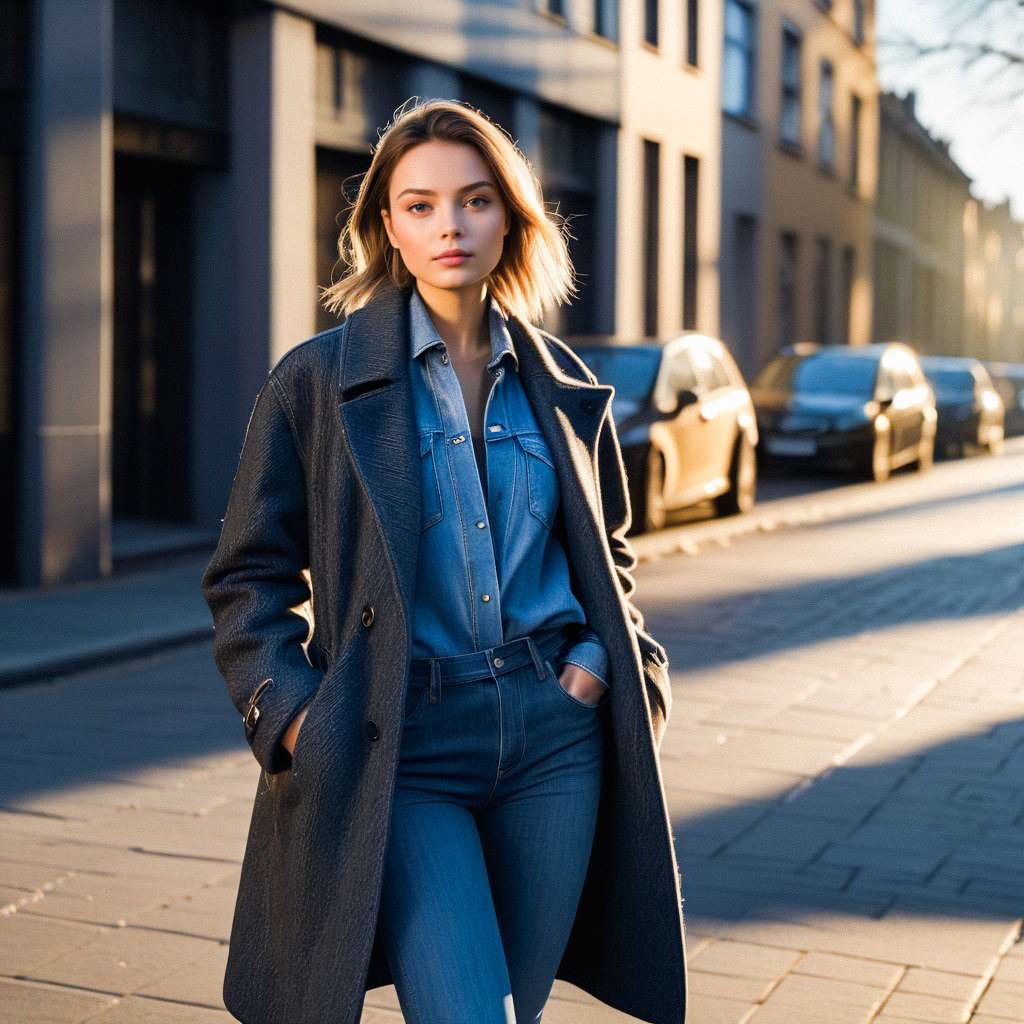 Stylish Woman in Denim Strolling Urban Street