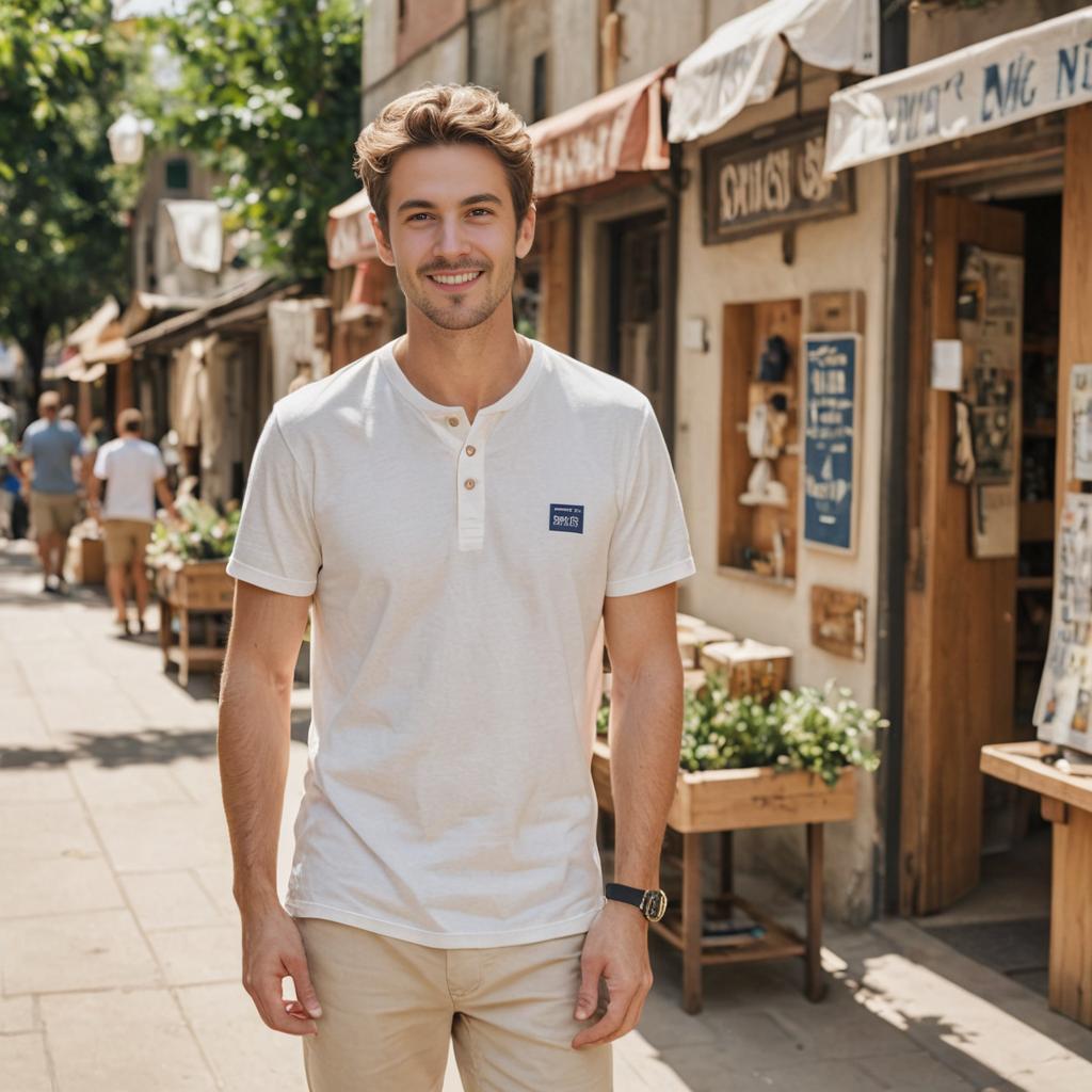 Smiling Man Strolling Down Quaint Street