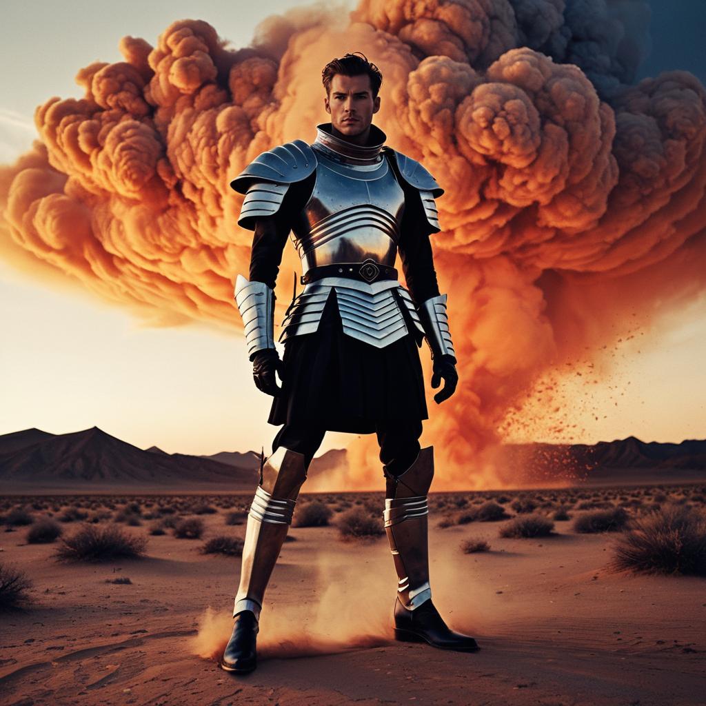 Man in Futuristic Medieval Armor Standing in Desert with Dust Cloud