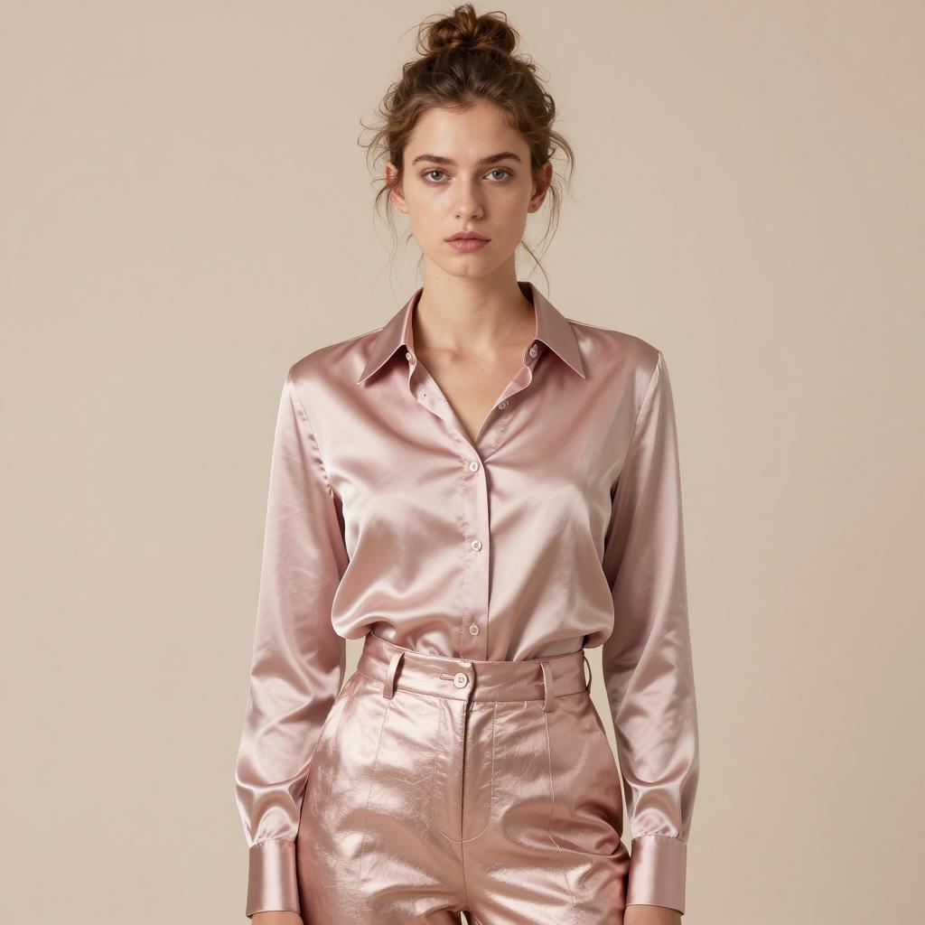 Woman Wearing Metallic Satin Shirt and High-Waisted Pants in Soft Pink