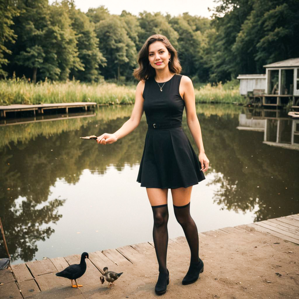 Elegant Woman by the Water with Ducks