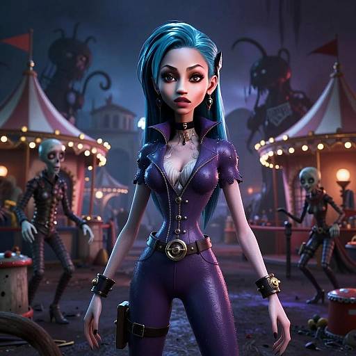 Gothic Animated Woman with Blue Hair at Eerie Carnival