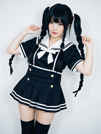 Young Woman in Black and White Japanese Schoolgirl Uniform with Braided Ponytails