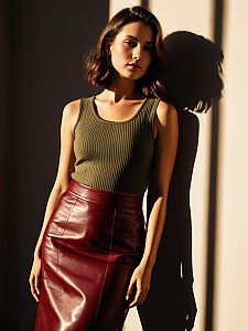 Young Woman in Olive Top and Burgundy Leather Skirt in Natural Light