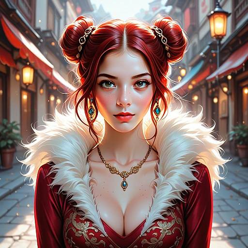 Digital Anime Style Portrait of Red-Haired Woman in Luxurious Red and Gold Outfit with Jewelry