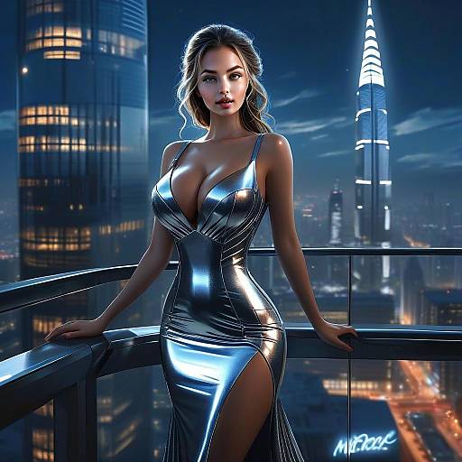 Elegant Woman in Metallic Silver Dress on Futuristic City Balcony at Night