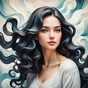 Woman with Flowing Black Hair in Blue and Cream Background