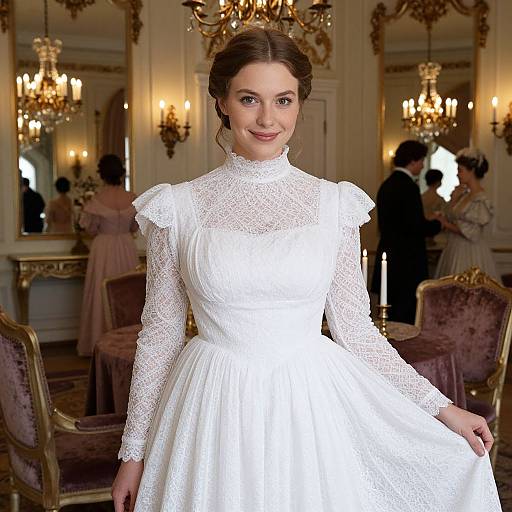 Victorian Era Woman in White Lace Dress in Ornate Candlelit Room