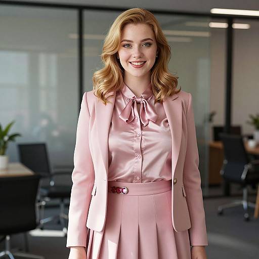 Confident Woman in Pastel Pink Business Suit in Modern Office