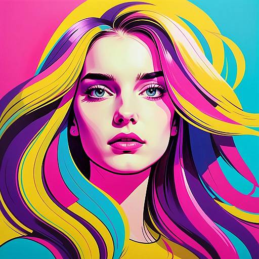 Vibrant Pop Art Digital Portrait of Woman with Multicolored Hair