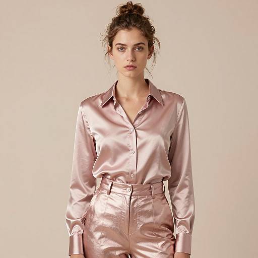 Woman Wearing Metallic Satin Shirt and High-Waisted Pants in Soft Pink